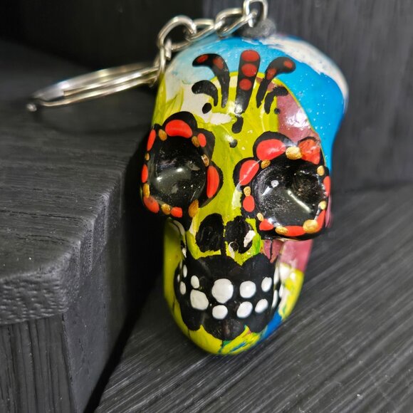 VTG Painted Skull Keychain Accessory Dia De Muertos SugarSkull Gift Abstract Art - Picture 6 of 14